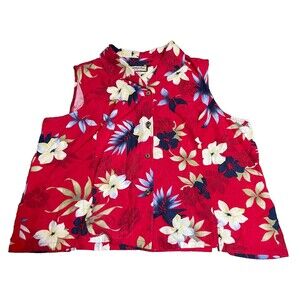 Jamaica Bay Button Up Shirt Womens 3X Red Floral Tropical Hawaiian Rayon $